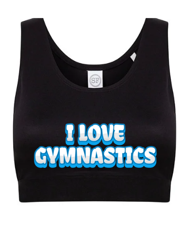 Top corto sportivo da bambina i love gimnastic blu